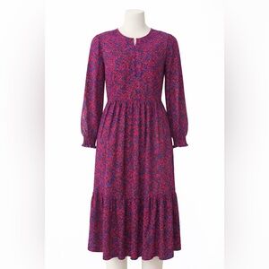 GAP Small Petite Pink Blue Floral Midi Dress Long Sleeve Tiered